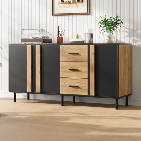 Buffet 140 x 35 x 70 cm en MDF, commode 3 portes et 3 tiroirs, meuble d'appoint moderne avec 6 pieds robustes en métal pour salon, coloris noir et bois naturel (1/5)