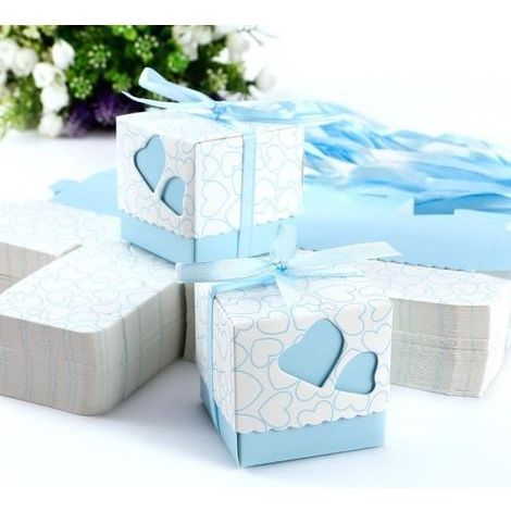 100 scatoline per bomboniere con coperchio, cuori e nastro azzurro. Ideali per matrimoni, battesimi e nascite di bambini. Materiale: Carta (1/4)