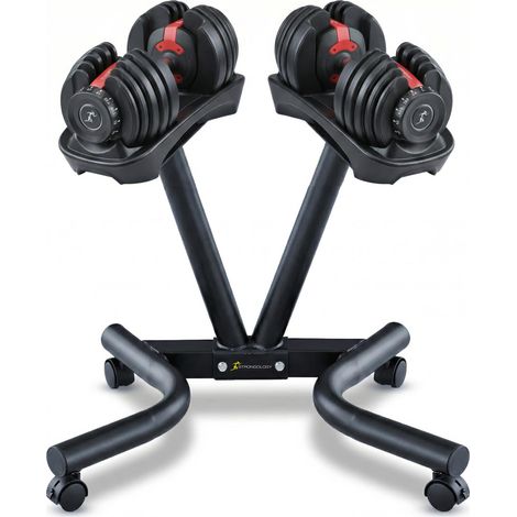 Strongology RELENTLESS24 Adjustable Dumbbell Pair (2.5kg–24kg) + POWERDOCK Floor Stand  15-in-1 Quick-Select Weights  Heavy Duty Ergonomic V-Frame Floor Stand with Wheels  Complete Home Gym Bundle