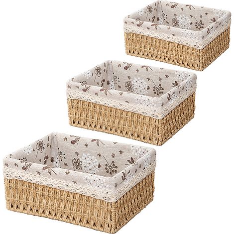 Panier de rangement K001 Beige 3 pcs Tissu Fleur de poirier Rotin synthétique Bureau Clés Sac Table basse Collations (1/4)