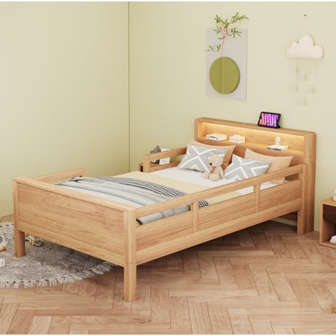 MEUBLIV Bettgestell 90x200 cm Naturholz – Kopfteil mit LED, ohne Matratze (1/5)
