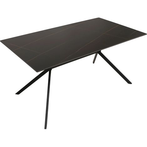 Table à manger en pierre frittée et métal effet marbre noir et or 160 cm 040009225