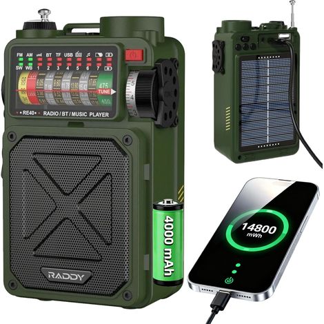 Radio à Ondes Courtes Récepteur FM/AM/SW, Radio à manivelle avec Haut-Parleur BT à Piles 4000 mAh, avec Bruit Blanc, SOS, Prise en Charge USB, Carte Micro SD (1/5)