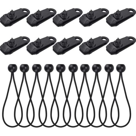 Elastische Kordel – 10 Stück – 17,5 cm eingezogen / 30 cm ausgezogen – Kunststoffkugel (2,7 cm) – ABS-Zeltclips – 10 Stück – Für Planen, Pavillons, Zelte, Camping (1/5)