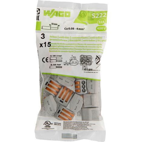 WAGO Sachet de 15 bornes de connexion automatique 3 entrées S222 (1/5)