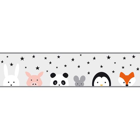 Frise tapisserie originale avec des animaux Frise murale pour chambre d'enfant Frise murale grise pour les garçons (1/5)