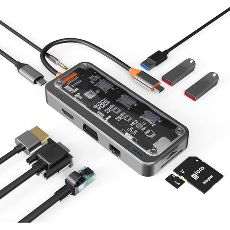 Docking station - 10 in 1 USB - C docking station per doppio monitor con interfaccia HDMI 4K e VGA - dotata di 3 porte USB - 3,5 mm - 1 set