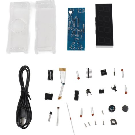 Orologio Digitale LED DIY Kit – Display 4 Cifre Blu con Data e Temperatura, Regolazione Luminosità Automatica – Scatola Trasparente Design Moderno – Ideale per Casa e Ufficio (1/5)
