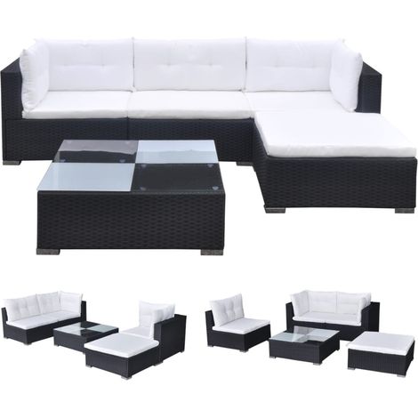 Set muebles de jardín 5 piezas y cojines ratán sintético negro vidaXL (1/6)