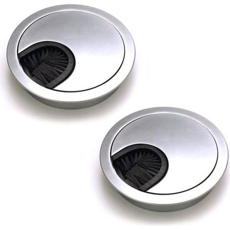 Lot de 2 Passe Câbles Ronds Encastrables, Passe Cable Fil Métal Acier Brossé Design, Rangements de Câbles pour Table de Bureau Diamètre 60 mm - Argent Perle Chrome