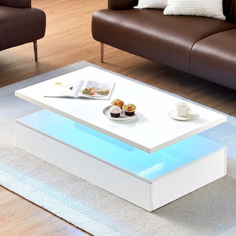 High Gloss Coffee Table with Adjustable 16 Colors RGB LED Lights, White Rectangular Tea Table with Open Storage Shelves for Living Room Center Lounge (54D x 100W x 40H) (1/4)