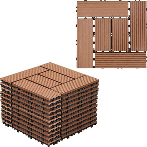 Lot de 22 dalles de terrasse WPC 30 x 30 cm pour 2 m² de balcon - Avec système de clic - Revêtement de sol pour balcon, terrasse - Résistant aux intempéries avec drainage - Marron (1/5)