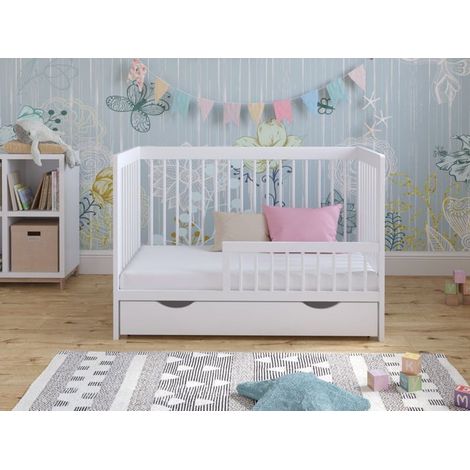 Lit Bebe Evolutif avec tiroir en Bois Pin Blanc 120x60cm, Transformable en Un Canapé-lit avec Une Barrière de Sécurité