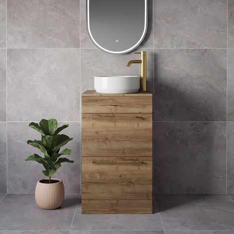 Napoli 390 Tobacco Oak 500mm 2 Drawer Vanity Unit for Countertop Basins - 500mm - Brushed Brass 320mm Handle
