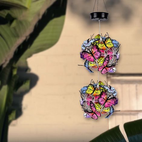 Guirlande lumineuse solaire suspendue en forme de sphère en maille avec papillons, étanche, pour jardin, terrasse ou porche (1/5)