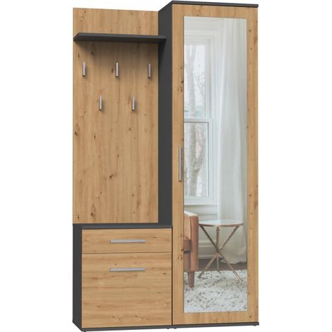 Topeshop – Ensemble meuble d'entrée avec miroir – Armoire 180x50x35 cm + meuble chaussures 57x50x35 cm – Finition gris mat – Fabriqué en Europe
