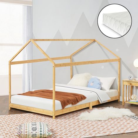 Letto per Cameretta ’Vindafjord’ a Forma di Casetta con Materasso 90x200 cm Bambù Naturale [en.casa] (1/5)