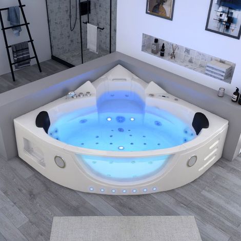 Distribain – Baignoire balnéo d'angle 2 places 152x152cm – 38 jets – Cascade intégrée – Réchauffeur d'eau – Désinfection à l'ozone
