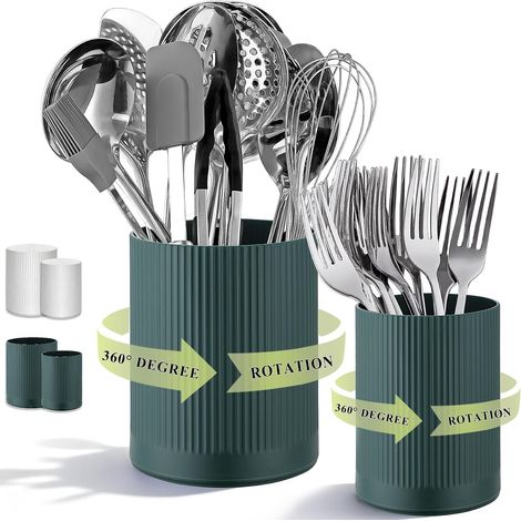 360° Rotating Utensil Holder, Set of 2 Plastic Kitchen Utensil Holders 16+12 cm, Large Utensil Container for Countertop, Organizer for Spatulas, Kitchen Decoration (Green) (1/5)
