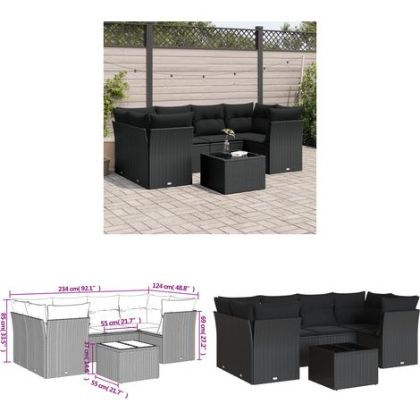 7-tlg. Garten-Sofagarnitur mit Kissen Schwarz Poly Rattan - Gartenmöbel - Esstischset - Rattan Möbel - Outdoor Sofa - Lounge Set - Home & Living (1/3)