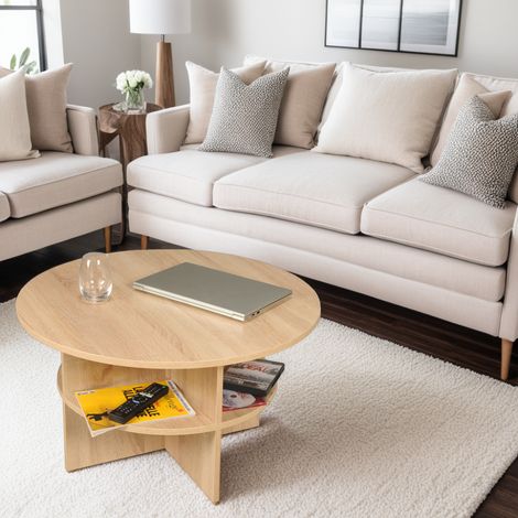 Le Quai Des Affaires – Table basse ronde 80 cm – 2 plateaux – Décor chêne blanchi – Hauteur 42 cm – Plateau inférieur 60 cm pour rangement moderne (1/5)