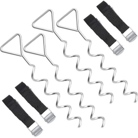 Set d'ancrage pour Trampoline, Lot de 4, Ancrage au Sol, Piquets d'ancrage Spiralés, 4 Sardines et 4 Sangles, Chevilles, Accessoire de Fixation pour Balançoire, Argent et Noir (1/5)