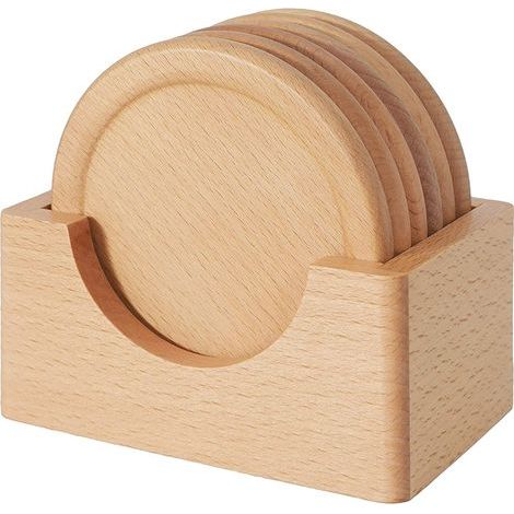 Ensemble de six sous-verres en bois avec porte-gobelets, sous-verres ronds en bois, sous-verres à motif rainuré, adaptés à la décoration de la maison et du bureau. (1/3)