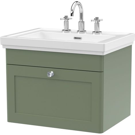 Swynnerton Traditional 1 Drawer Wall Hung Vanity Unit with Basin, Satin Green, 600mm