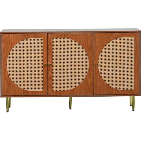 Gutent – Buffet en panneau de particules 129.8x40x76 cm – 3 portes en rotin avec poignées métal – Couleur noyer – Rangement spacieux