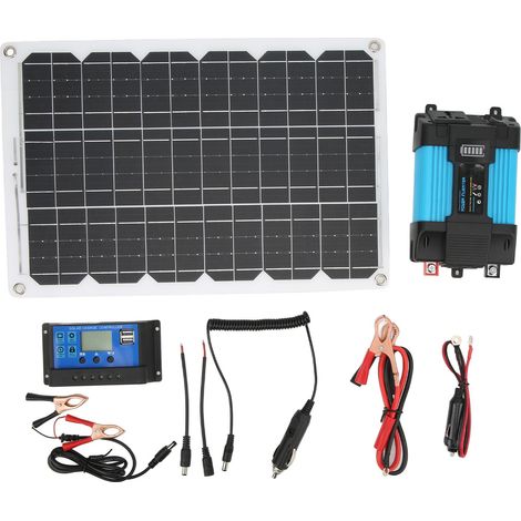 Kit solaire portable 500W 12V à 230V : panneau 18W 18V, contrôleur 30A 12V/24V, onduleur à onde sinusoïdale modifiée (1/5)