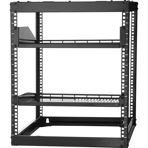 Bâti ouvert 12U pour rack réseau, profondeur 585 mm, montage mural ou au sol, 4 montants robustes, avec étagères ventilées et visserie, adapté à tout équipement IT, réseau et AV. (1/5)