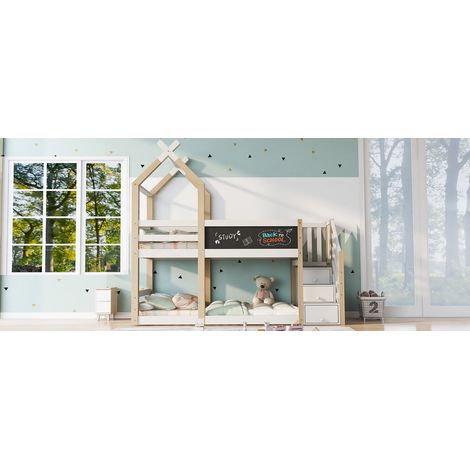 (=AB30307123W) Lit superposé 90×200 pour enfants, design cabane dans les arbres avec tableau, avec rangement et barrière antichute, lit mezzanine pour enfants – 2x sommier à lattes - Naturel & Blanc ( (1/5)
