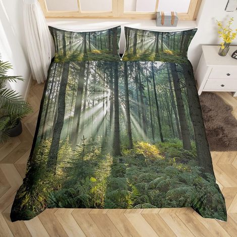 Arbre Print Parure de Lit 140x200cm Feuille Branche Ensembles de Housse de Couette pour Enfants Vert Naturel Paysage Housse de Couette Respirant Woodland Scene Room Decor - 140 x 200 cm (1/5)