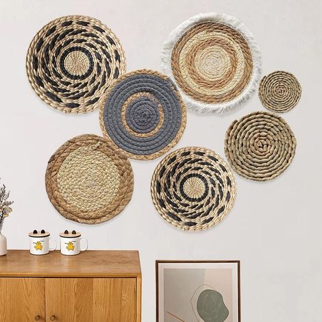 Panier mural rond en osier naturel lot de 7 décorations murales bohème pour salle à manger chambre bureau salon 40 cm diamètre (1/5)