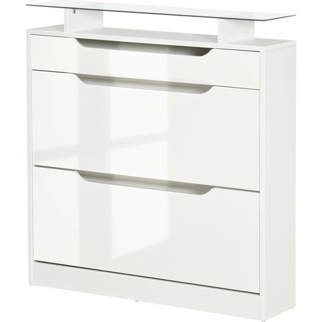 Meuble à chaussures 2 portes blanc 89x23x96 cm – étagère étroite pour 16 paires avec tiroir, étagère ouverte et plateau en verre – idéal entrée couloir (1/5)