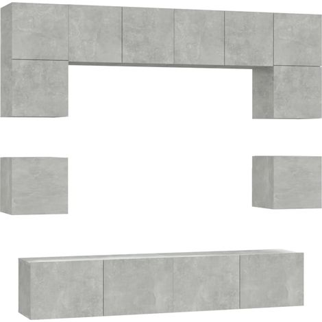 Conjunto de muebles mueble aparador TV televisión salón dormitorio salón 8 piezas gris madera contrachapada 020025253