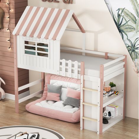 Letto per bambini 90x200 cm rosa e verde in legno massello con tetto, scala e rete a doghe (1/5)