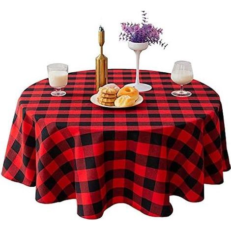 Nappes,Nappe ronde à carreaux de 140 cm pour table de mariage, cuisine, salle à manger, rouge et noir (1/5)
