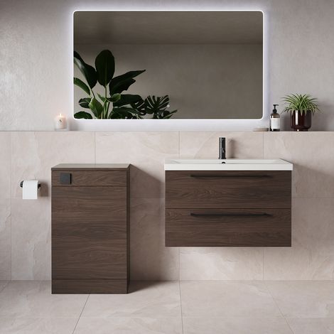 Napoli 390 Brown Oak 1300mm Wall Mounted 2 Drawer Vanity Unit and Toilet Suite with Glide Basin - 1300mm - Matt Black 480mm HandleWithout Kingston Toilet Pan