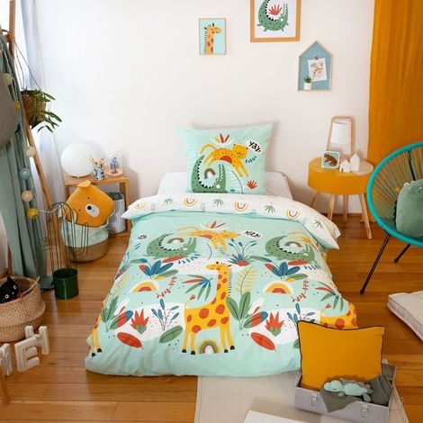 Parure de couette enfant - COTE DECO - Poumba - 140x200cm - 100% coton - Vert jungle