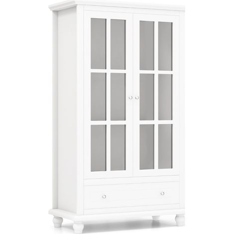 Mobile libreria con ante in vetro temperato ripiano regolabile cassetto, Vetrinetta espositiva alta 139cm Bianco (1/5)