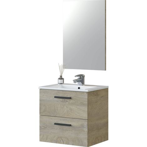 Meuble de salle de bain suspendu avec 2 tiroirs et miroir, 60 x 57 x 45 cm (l x h x p), module lavabo couleur chêne Alaska (sans lavabo) (1/4)