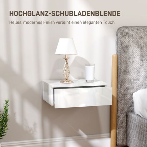 Lot de 2 tables de chevet murales avec tiroir, design suspendu, pour chambre à coucher, panneaux de particules, blanc. (1/5)