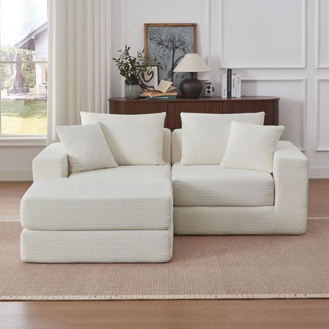 Canapé droit Modulaire 3 Places en Mousse - velours côtelé, Canapé-Lit Convertible avec Pouf et Base Antidérapante - Design Moderne - Beige (1/5)
