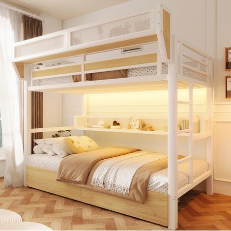 Litera 90x200 cm de metal y MDF blanca con almacenaje LED, sin colchón – MEUBLIV (1/5)