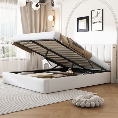 MEUBLIV Lit 140x190 cm blanc – LED, rangement et USB, sans matelas (1/5)