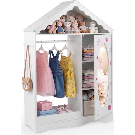 Kinderkleiderschrank mit Spiegel, Dachdesign, Rosa/Weiß