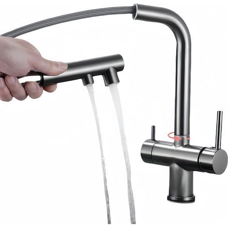 Rubinetto da cucina a tre vie con doccetta estraibile, girevole a 360°, con uscita acqua filtrata (grigio) (1/3)