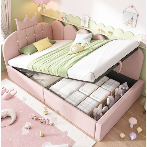 Lit banquette moderne en velours rose 90x190 cm avec tête de lit couronne, coffre relevable hydraulique et sommier à lattes