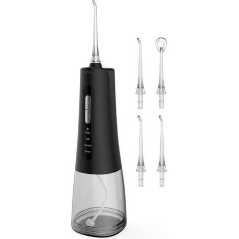 Jet Dentaire Hydropulseur Portable, Jet Dentaire Sans Fil Rechargeable avec 4 Modes Capacité de 310 ml IPX7 Étanche (Black) (1/3)